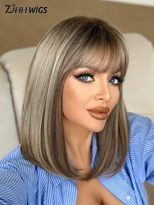 Shoulder Length Brown Wigs for Women 14 Inch Straight Wig with Bangs Mix Gray Highlight Hair, Heat-Resistant Synthetic Fiber Wigs for Daily Use, Perfect for Holidays Music Festivals Celebrations, Graduation Gift & Mother's Gift Wig Accessory