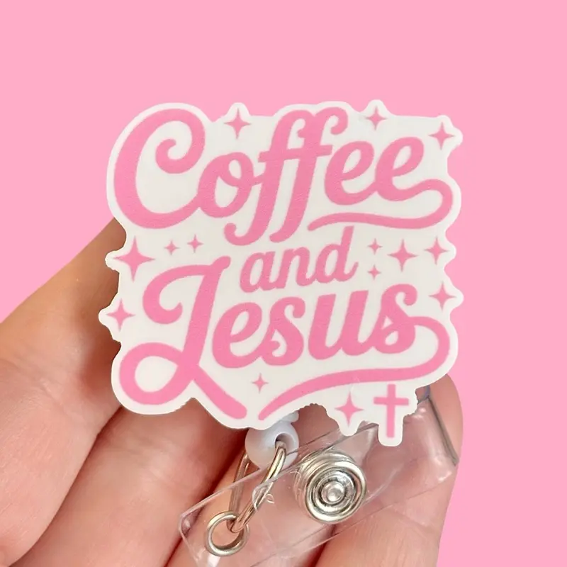 Glitter My Badge Coffee and Jesus badge reel for nurse and hospital workers. Badge clip Badge pull - Retractable swivel clip with a 360 rotation. Great gift for coworker.