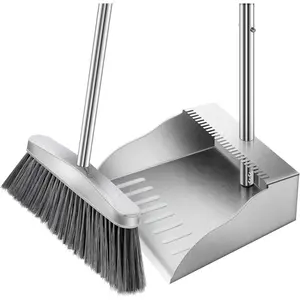 Metal Broom with Dustpan Combo Set-Long Handle Broom with Dustpan,Heavy Duty Standing Dust Pan & Soft Bristles Brooms,Indoor Outdoor Dust Pan Brooms for  Office Lobby Floor