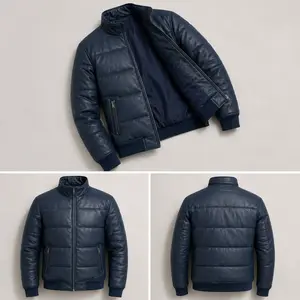 Men's Navy Blue Leather Puffer Jacket