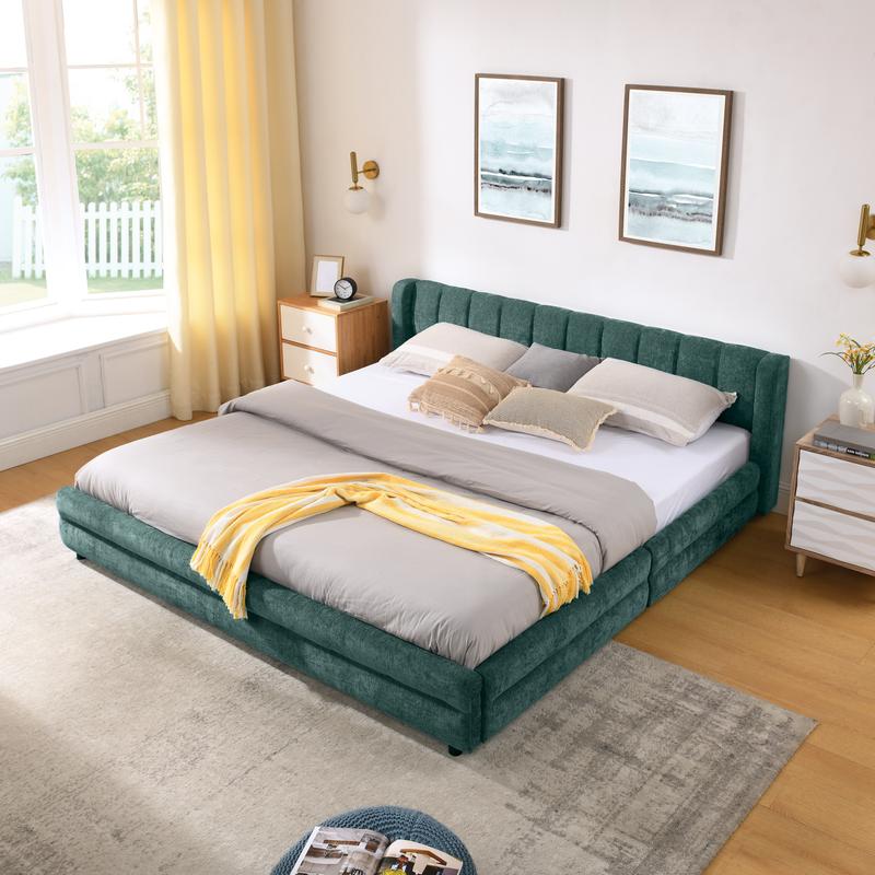 King Size Upholstered Bed Frame with Headboard and 4 Storage Drawers, Solid Bed Frame with Thick Fabric, Comfortable Upholstered Bed Frame, Chenille Fabric (86.5''*84''*29.5'')