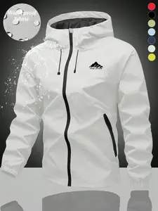 Men's Waterproof Windproof Hooded Jacket with Drawstring Zipper, Mountain Logo Print, Outdoor Sports Coat, Hiking Casual Wear, Waterproof Windproof Outerwear