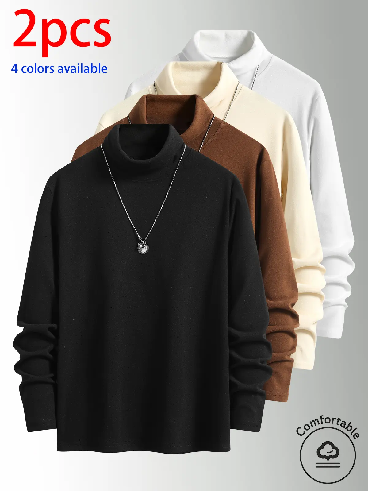 2-pack men’s long-sleeve T-shirts; men’s high-neck long-sleeve top; men’s terry high-neck base layer shirt. Stretch fabric that isn’t tight; solid-color long-sleeve layering top—basic style. High-neck design provides wind protection and temperature retent