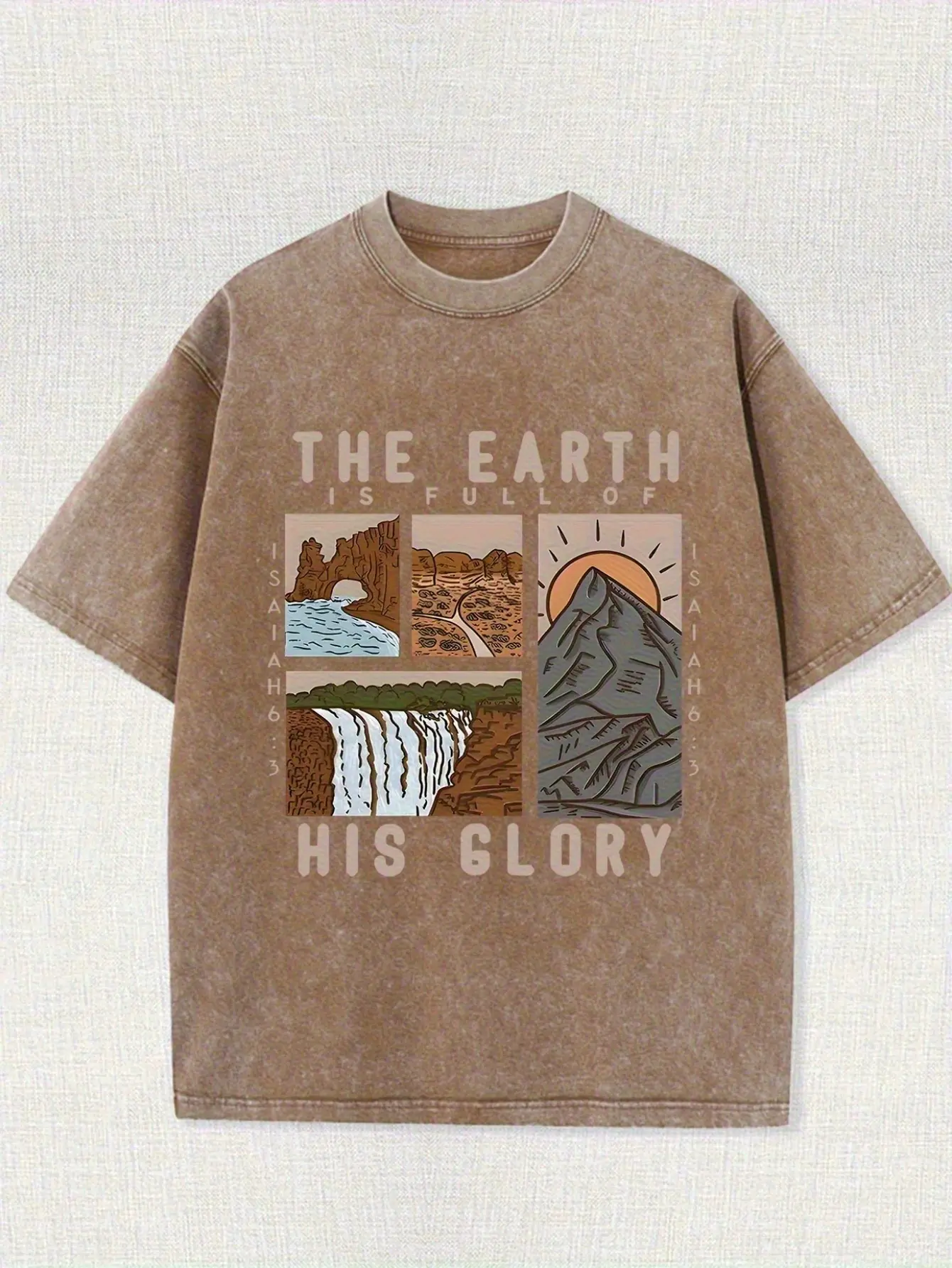 Vintage Washed Brown The Earth Is Full Of His Glory Isaiah 6:3 Christian T-Shirt, Retro Mountain Waterfall Nature Landscape Graphic Oversized Cotton Faith Tee