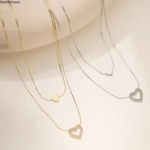 Women's Double Layer Stackable Heart Pendant Necklace, 18K Gold Vacuum Plated Stainless Steel with Sparkling Zircon, INS Minimalist Luxury Style, Dainty Clavicle Chain for Daily & Party & Gift Wear