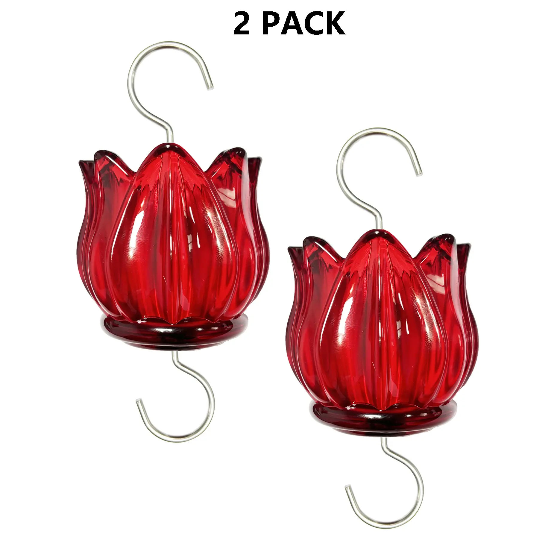 Red 2-Pack Real Glass Ant Moat Bird Feeder Accessory - Stainless Steel Hooks, 3 oz Large Capacity Tulip Flower Design, Built-In Oriole & Hummingbird Feeder Insect Guard, Easy to Use