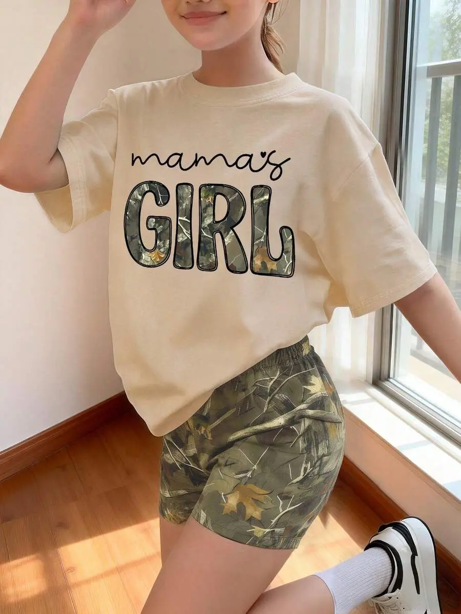 Girls' 2-Piece Clothing Set with a Casual Camo Leaf Print, featuring a Short Sleeve T-Shirt and Leggings for Summer Outdoor Activities, Kids Clothing Girls