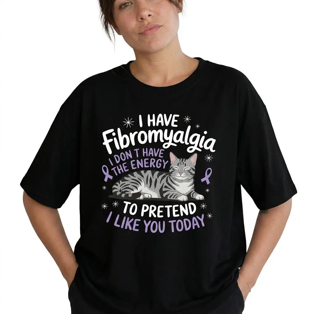 Women's Funny Sarcastic Cat Graphic Fibromyalgia Awareness T-Shirt, Streetwear Round Neck All-Seasons Top