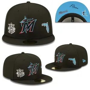 New Era 59FIFTY Miami Marlins Black Fitted Cap – Flat Brim MLB Hat with Multi-Side Embroidered Patches, Premium Streetwear Baseball Cap for Men & Women