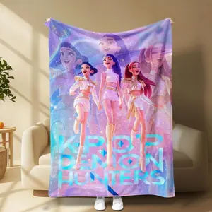 K-POP Demon Hunters Flannel Blanket Dreamy Purple Pink Anime Style Soft Cozy Lightweight Warm Throw Sofa Bed Travel Nap Office Camping Air Conditioner Use Perfect Holiday Gift Home Decor KPOP Fans Teen Girls Halloween Christmas Gift