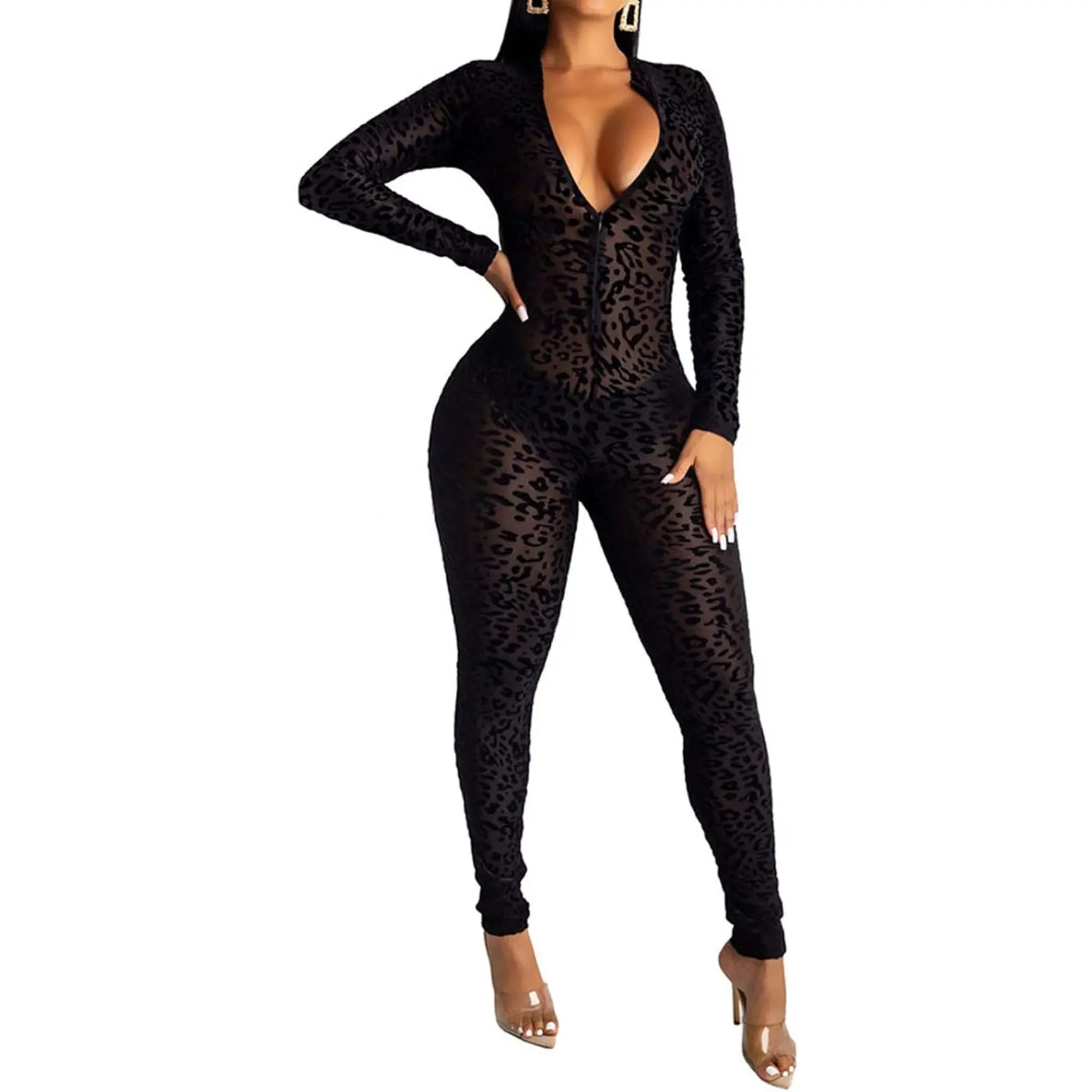 Uni Clau Women See through Bodycon Jumpsuit - One Piece Deep V Neck Outfits Sheer Mesh Leopard Clubwear Jumpsuit Rompers