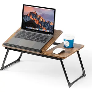 Adjustable Height Foldable Desk  for Bed Couch, Adjustable Foldable Bed Table with Cup Holder, Breakfast Serving Tray, Portable Laptop Lap Desk Stand for Working Reading Writing Eating Gaming in Bed Sofa Floor(RetroBrown) laptop bed desk