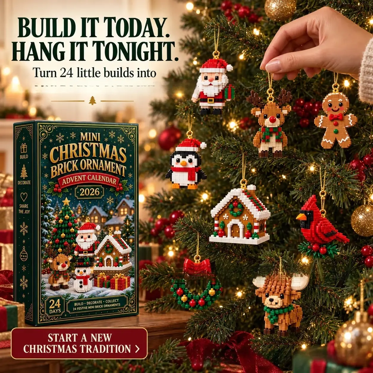 24-Day Mini Christmas Brick Ornament Advent Calendar (18 PVC + 6 building block ), 24 Unique Buildable Holiday Designs with Hanging Loops, DIY Building Set for Christmas Trees, Garlands, Mantels and Festive Displays