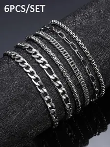 6 Piece Simple Stainless Steel Wrist Metal Bracelets Set, Fashion Trendy Street Style Unisex Layered, Men and Women Jewelry