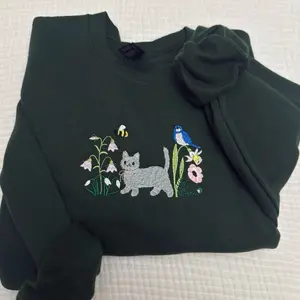 Spring meadow all GREY cat embroidered sweatshirt