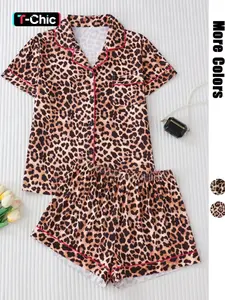 Women's Leopard Print Lapel Neck Pocket Shirt & Elastic Waist Shorts Pajama Two-piece Set, Casual Comfy Short Sleeve Button Up Top & Shorts PJ Set, Ladies Summer Sleepwear, Pajama Sets Women, Loungewear