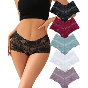 3PCS Women's Underwear Sexy V-Waist Shorts Underwear for Women Lace High Waist Cheeky Panties