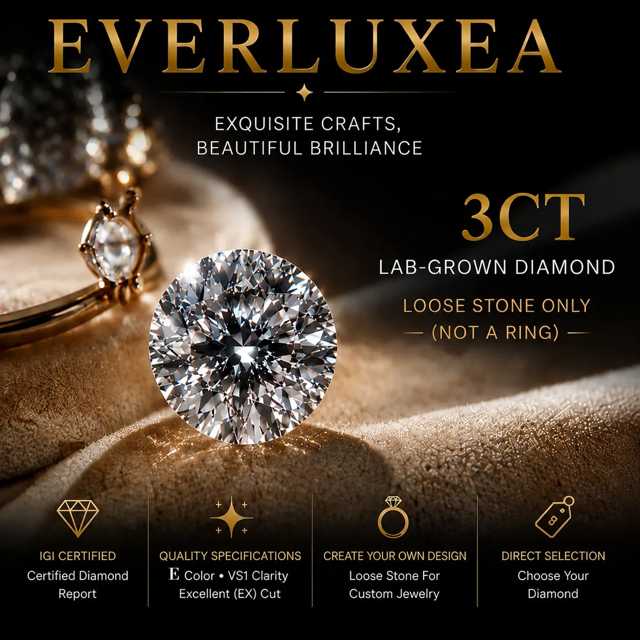 3CT IGI Certified Lab-Grown Diamond Loose Stone |RoundBrilliant Cut I E Color VS1 Clarity I Excellent Cut I ForJewelrySetting