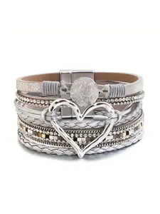 Bohemian Multi-Layer PU Leather Bracelet | Handmade Woven Gold Heart Bangle