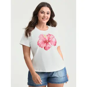 【Summer Turn-Up】BlOOMCHIC Plus Size Cotton Bright Floral Print Crew Neckline T-Shirt [M-6X] 2026 Summer Pick for Mother's Day