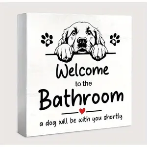 Cute Bathroom Dog Decor and Accessories Wall Desk Wood Box sign, Golden Retriever Bath Decorations for Bathroom Toilet, Welcome Signs, Gifts for Dog Lovers, 5x5 inch