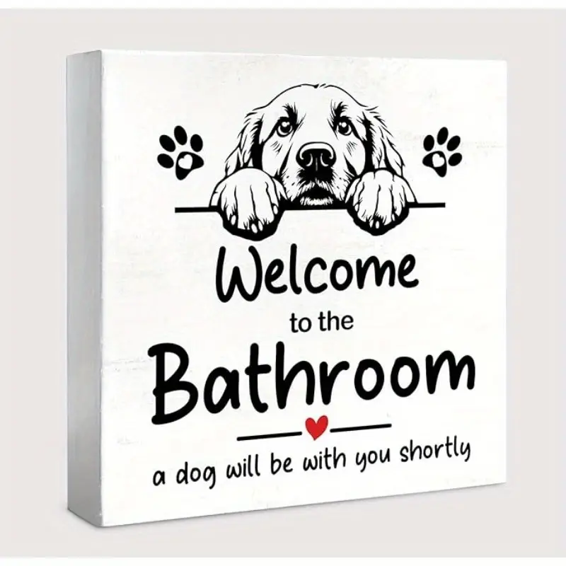 Cute Bathroom Dog Decor and Accessories Wall Desk Wood Box Decorative Plaque sign, Golden Retriever Bath Decorations for Bathroom Toilet, Welcome Signs, Home Decor Gifts for Dog Lovers, 5x5 inch