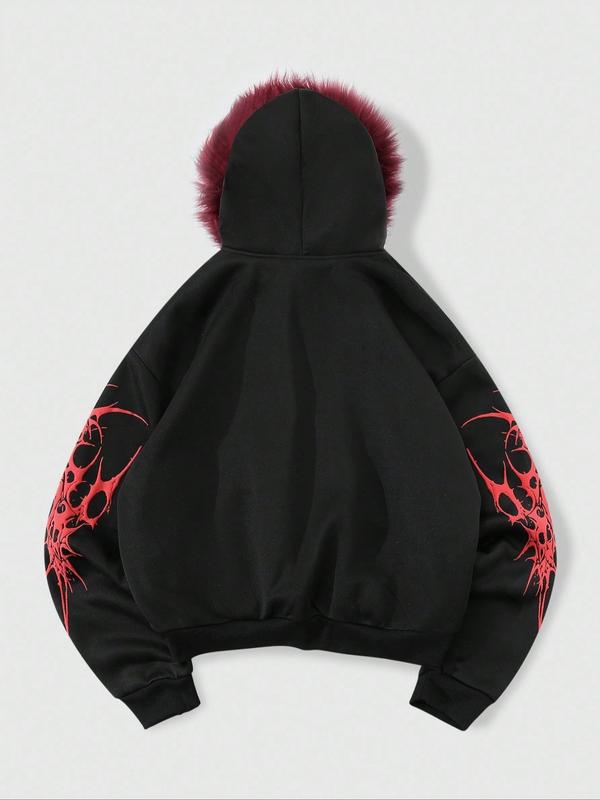 Y2K Cyber Grunge Full Zip Hoodie with Red Furry Hood | Gothic Graphic Oversized Jacket for Vampire Aesthetic | Underground Streetwear for Winter Music Festivals & Night Out