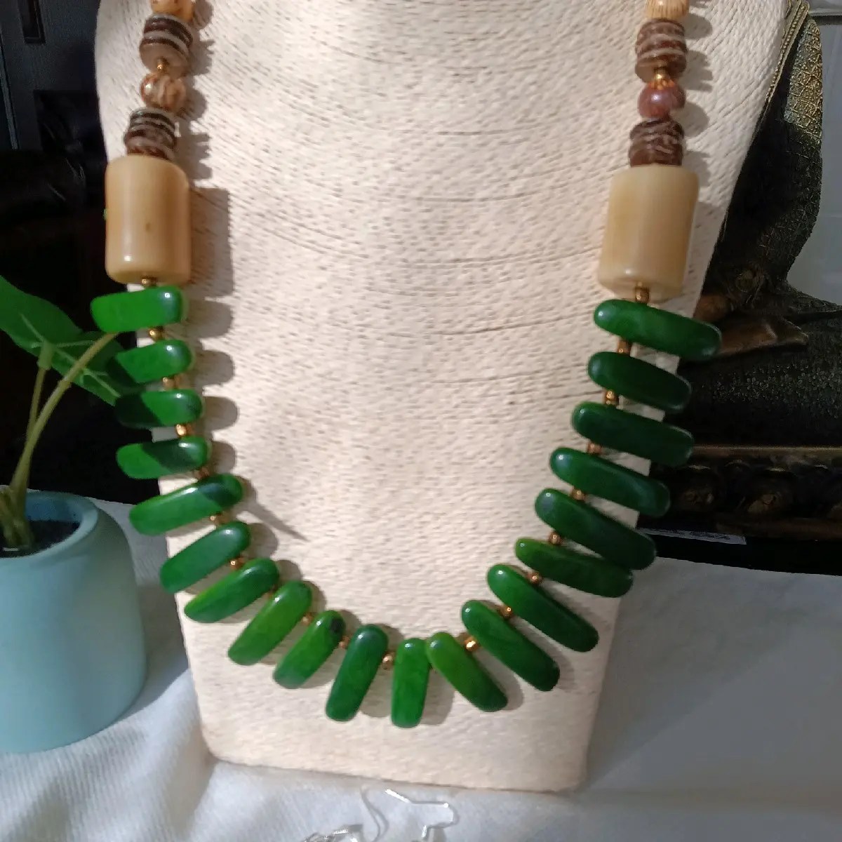 Artisanal Tagua Nut Necklace, Earrings, Green, Creme, handmade in Ecuador Organic jewelry