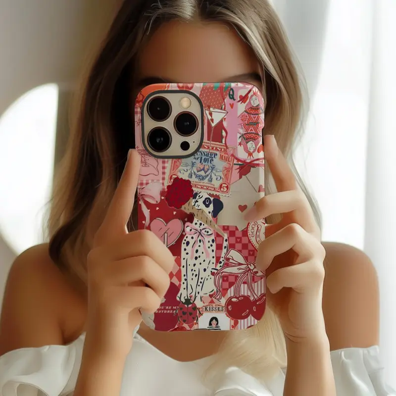 Vintage Dalmatian Heart Collage Polycarbonate Cellphone Case - Dual-Layer, Shockproof Protection Shell, Precise Cutouts, Raised Bezels Retro Valentine’s Cover Casing for iPhone 11-17 Pro Max, Air, Plus Devices