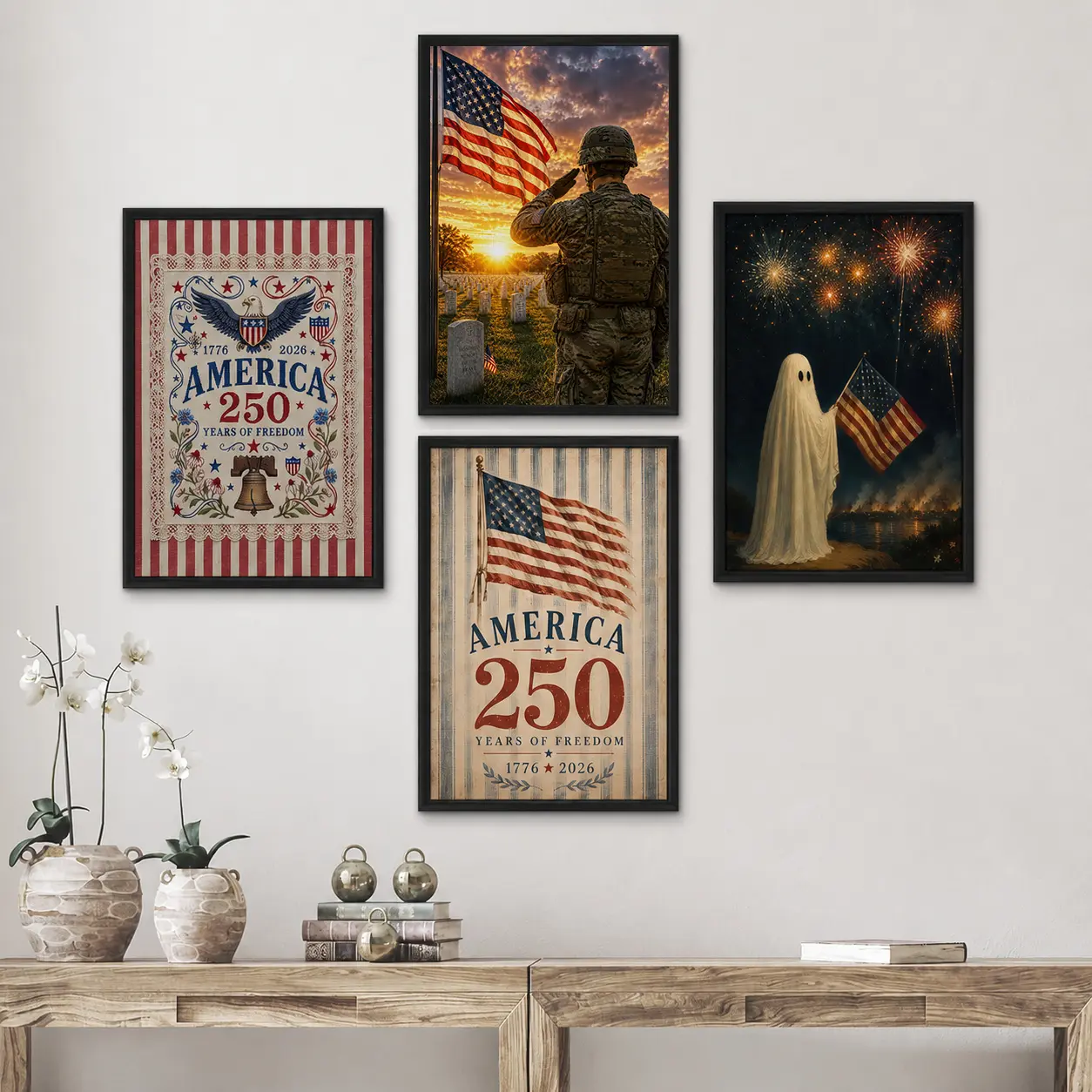 American Patriotic Canvas Print Poster Wall Art Decor, July 4th Independence Day Poster, Veteran Soldier Saluting Flag Print, 250th Anniversary Poster, Home Living Room Bedroom Office Decor