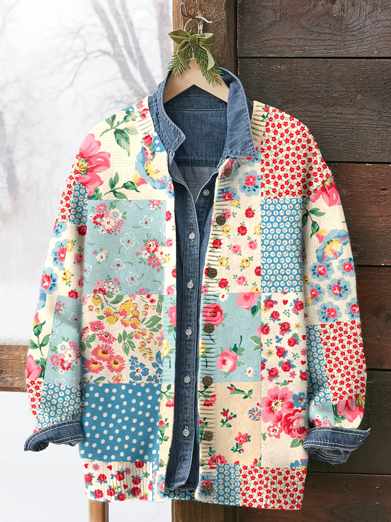 Casual Multicolor Patchwork Floral Knit Cardigan, Easygoing Loose-Fitting Sweater, Comfortable Daily Wear, Stylish Women's Outerwear