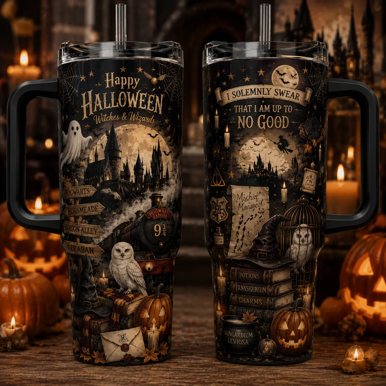 Ha.P0tter Halloween Wizard Magic Tumbler 20oz 30oz 40oz, Spooky Autumn Travel Mug, Enchanted Castle & Owl Design, Double Wall Insulated Stainless Steel Cup, Fall Gift for Fantasy Lovers