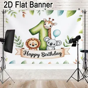 2D flat banner, 1pc1st Birthday Party Decor, Nature - Themed Green Number 1 Backdrop with Animal Characters (Lion, Giraffe, Koala) & 'Happy Birthday' Banner, Festive White Background Leaves for First Birthday Party Supplies