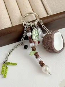 Coconut Beaded Leaf Keychain, Summer Vacation Style Bag Charm, Casual Leopard Pattern, Metal Material, All Seasons Accessory