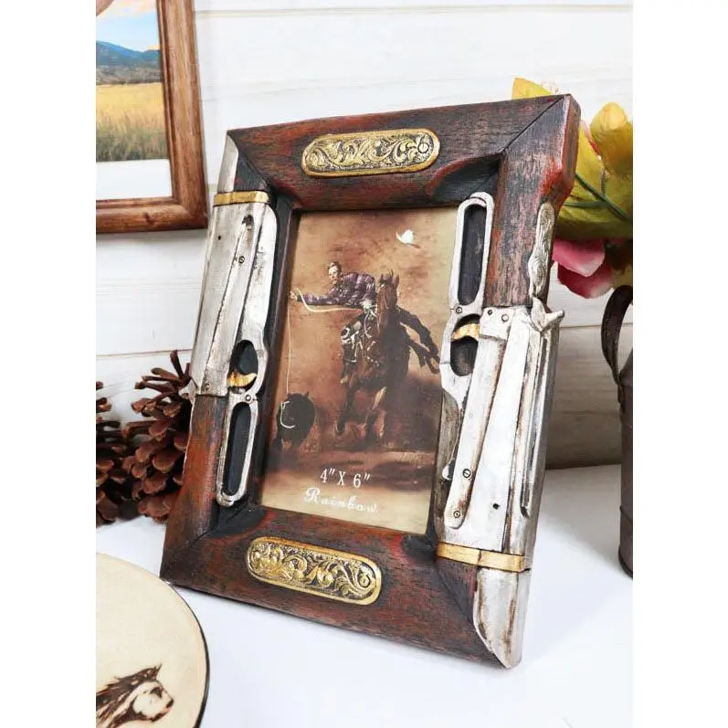 Rustic Western Double Rifle Guns Faux Wood 4"X6" Desktop Or Wall Picture Frame