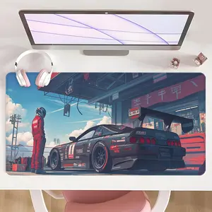 [Mouse Desk Pad] Non-Slip Mouse Pad Large Gaming Mouse Pad With Rubber Base & Stitched Edge Cyberpunk Anime Racing Black Red Design Desk Top Protector Mat Desktop Accessory For Home & Office Use Christmas New Year Gift