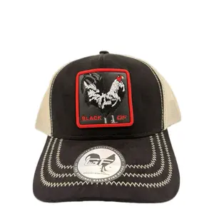 Gallo Fino "Black" Hat with Mesh with Black and Beige Mesh, Featuring Rooster Design, Adjustable Fit, and Clip Detail