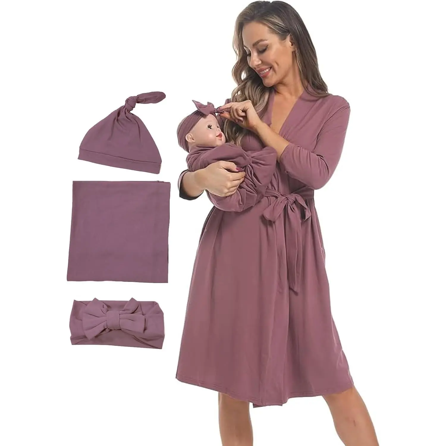 Maternity Robe with Matching Swaddle Blanket Set,Maternity Barhrobe Delivery Labor Robe for Hospital Women Dress