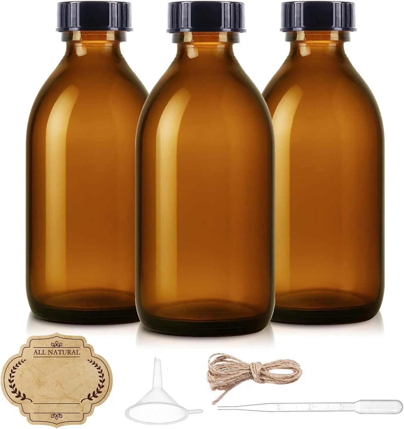 8oz Amber Glass Bottle with Lids, 3 Pack Brown Empty Cosmetic Containers Leakproof Refilllable Sample Dispensing Bottles for Homemade Vanilla Extract, Essential Oils, Potion, Juice, Ginger Shots
