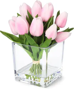 Pink Artificial Tulip Flowers with Vase, 12 Heads PU Mini Real Touch Tulip Bouquets for Home Wedding Party Centerpiece Decoration, Lifelike Faux Flowers