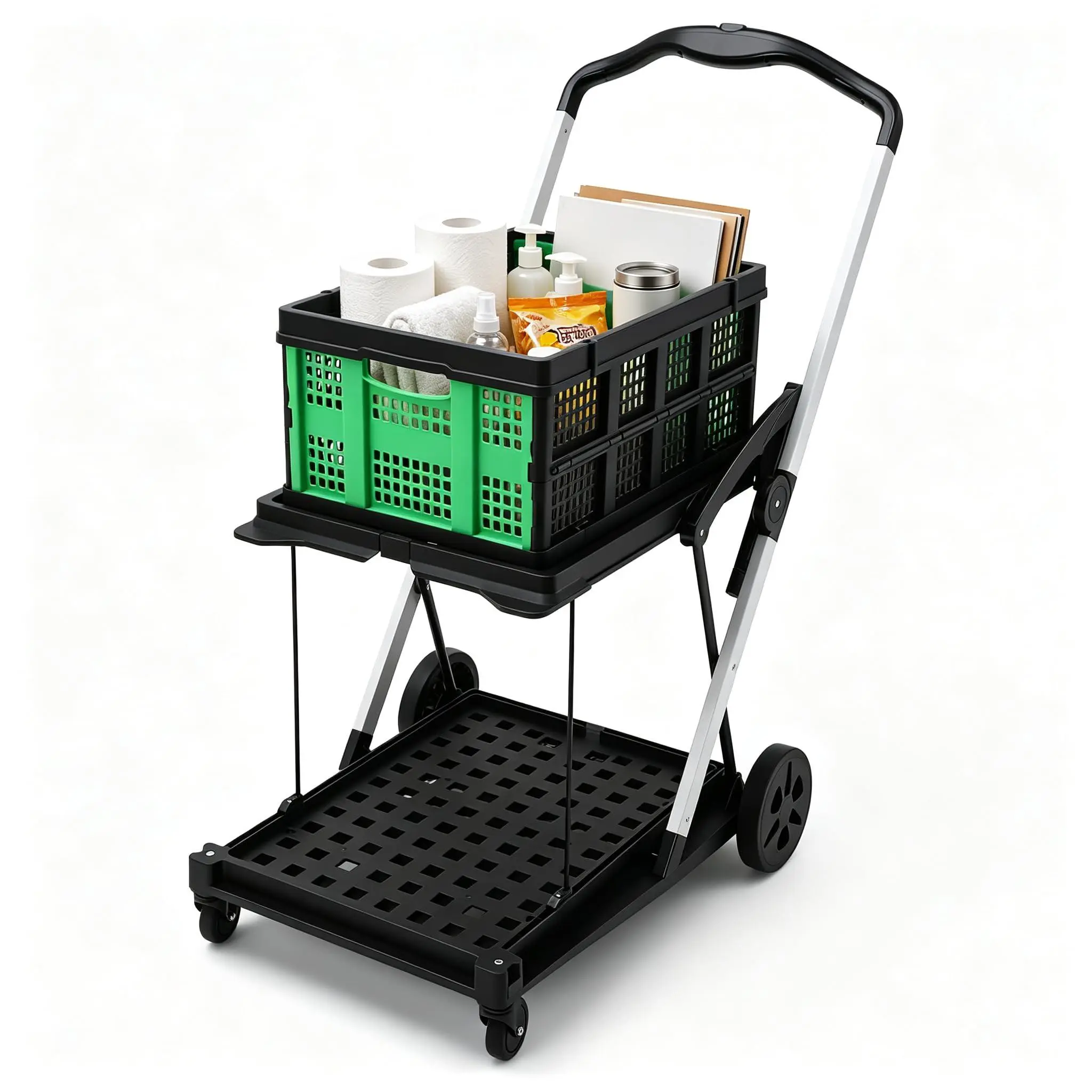 2-Tier Compact Foldable Aluminum Grocery Trolley with Detachable Crate, Smooth Wheels for Grocery & Travel Use, Two Tier