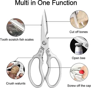 Multi function Kitchen Scissors, Multi-Purpose Kitchen Shears, Heavy Duty Dishwasher Safe Food Scissors for Chicken, Poultry, Fish, Meat & Herbs with Non-Slip Grips - Sliver
