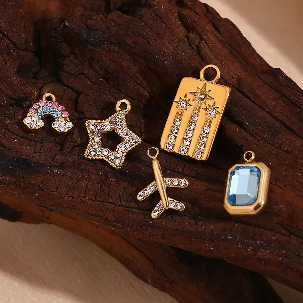 E.B.belle Lovely Sparkling Zircon Rainbow Key Plane Rectangular Color Glass charms for jewelry making diy Stainless steel charm