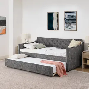 Eyisean Twin Size Upholstery Daybed with Pop Up Trundle, Modern Tufted Linen/Velvet Sofa Bed Frame with USB Ports, Twin to King Size Day Bed for Living Room, Bedroom, Guest Room, No Box Spring Required