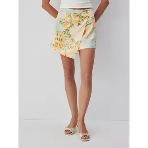 Cider Linen-blend Mid Rise Fruit Graphic Asymmetrical Shorts