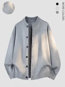 Men's Knit Jacket Coat Autumn Winter, Casual Loose-Fitting Round Neck Drop Shoulder Button Front, Fashionable College Style Outerwear