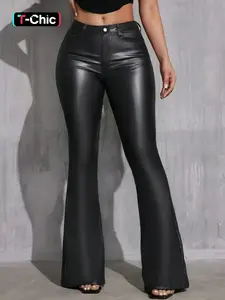 Women's Solid Color PU Leather Flare Leg Pants, Fashion Casual High Waist Bell Bottom Trousers, Casual Fitted Trousers for Daily Outdoor Wear, Women Bottoms for Fall, Womenswear