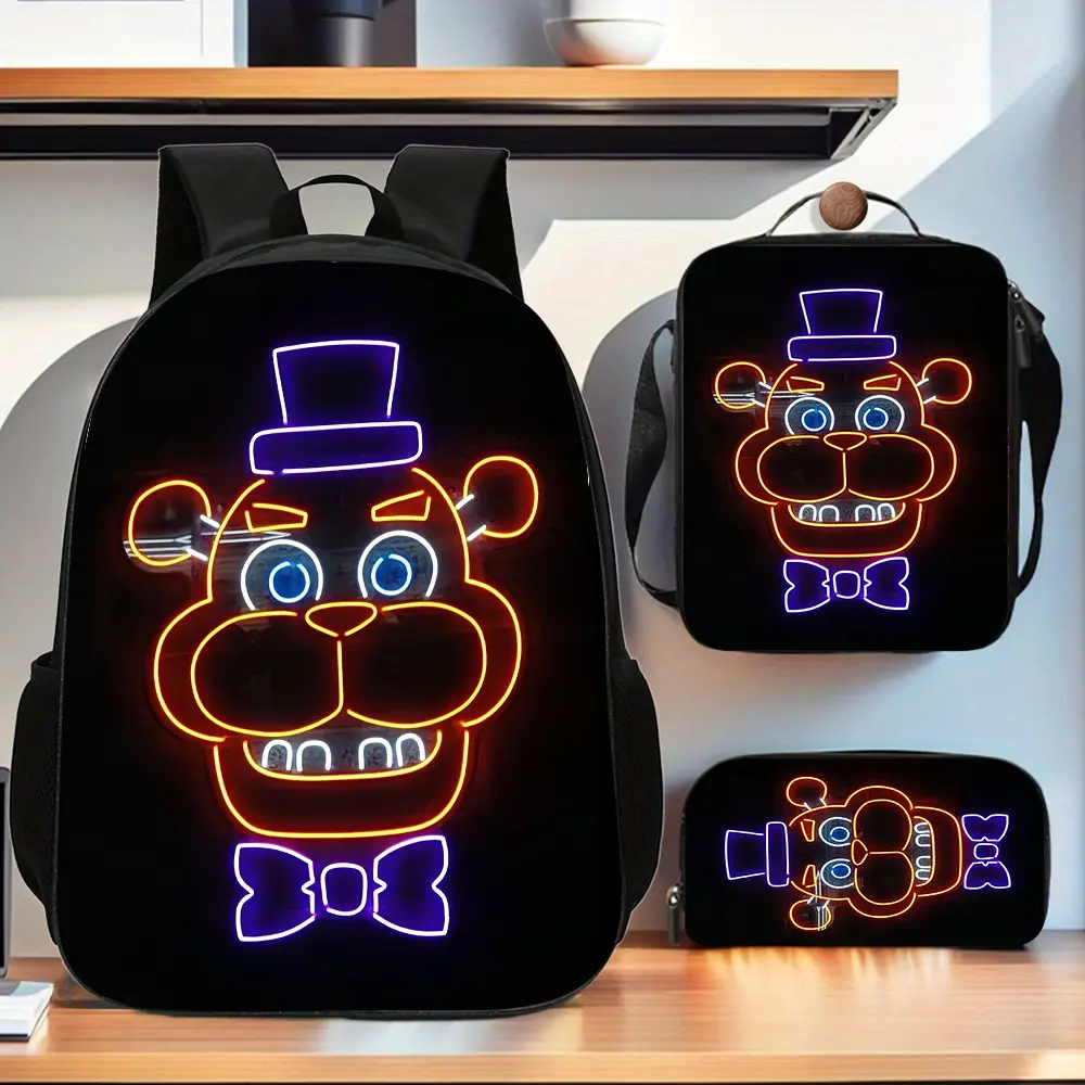 Five Nights at Freddy's Neon Freddy Fazbear 3PCS Backpack Set, FNAF Bear Print School Backpack with Lunch Box & Pencil Case, Lightweight Durable Daypack for Kids Teens, Ideal Horror Game Fans School Supplies Gift