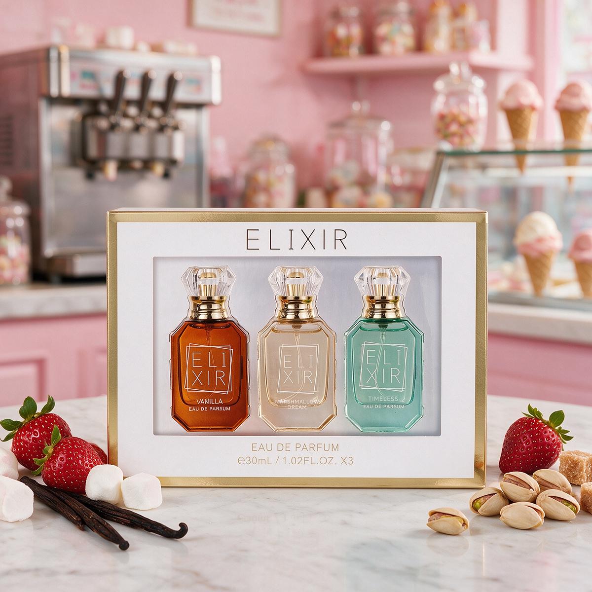 Elixir 3pc Eau De Parfum Layering Set - 3x30ml Bottles (Vanilla, Marshmallow Fluff, Timeless) with Amber, Pistachio, Musk Notes, Date Night Fragrance Wardrobe Completion Elixir 3pc Eau De Parfum Layering Set - 3x30ml Bottles (Vanilla, Marshmallow Fluff, Timeless) with Amber, Pistachio, Musk Notes, Date Night Fragrance Wardrobe Completion