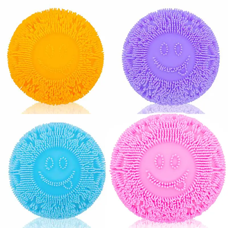 4 Pack Fuzzy Puffer Ball Squishy Set Orange Purple Blue Green Silicone Spiky Toy Soft Bristles Tactile Sensory Stress Relief Balls for Skin Picking Kids Adult Silent Desk Fidget Tools School Classroom Rewards Party Favors Goodie Bag Gift Idea